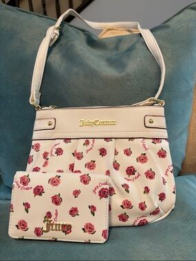 Juicy Couture Cream Shoulder Bag with Pink Rose Print and Matching Card Holder